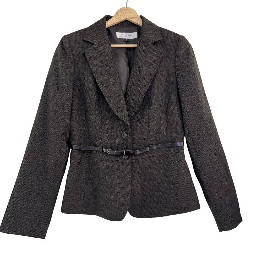 Vintage 90s Elie Tahari Womens‎ Charcoal Gray Belted Lapel Collar Jacket Size 4